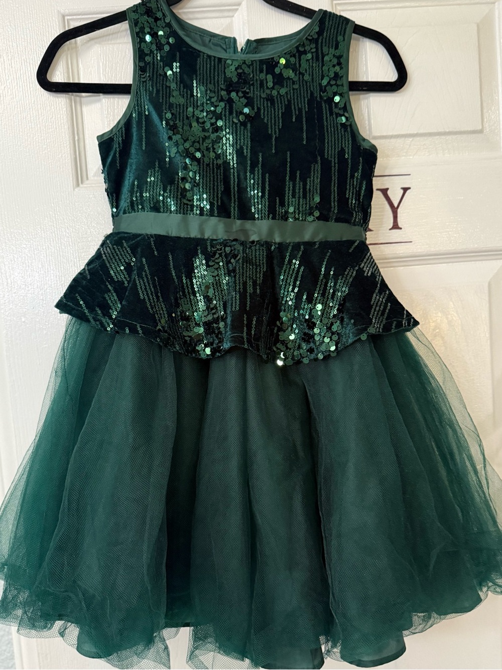 Badgley Mischka Girls Emerald Green Sequin Peplum Tulle Dress
